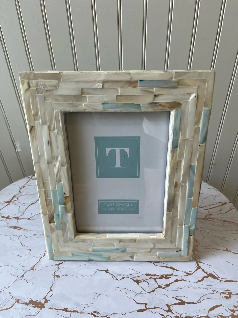 TWO’S COMPANY MOTHER OF PEARL PICTURE FRAME | 5x7 | BLUE/WHITE MOSIAC | NEW